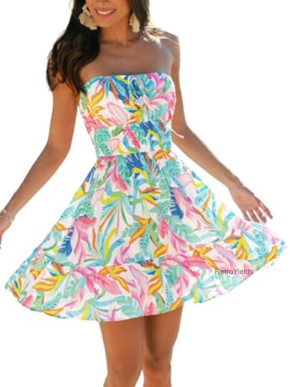 Women's Strapless Smocked Mini Dress Tropical Floral Rayon Sundress